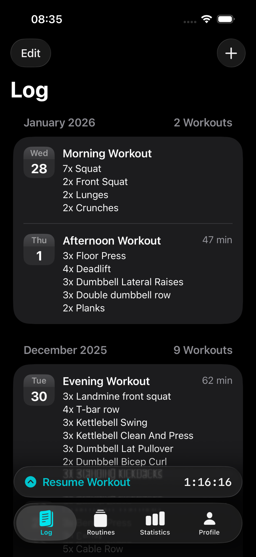 RepCount gym log showing complete workout history with past sessions organized by date