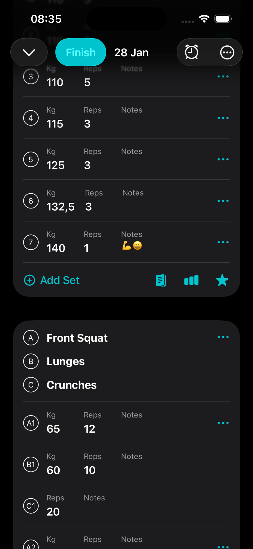 RepCount workout tracker app showing active workout with exercises, sets, reps and weight logging