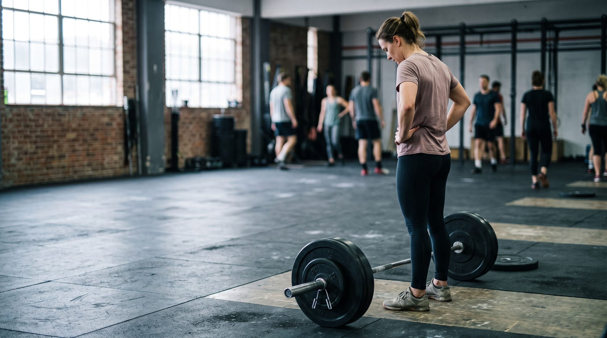 A woman standing over a loaded barbell on the gym floor with her hands on her hips
