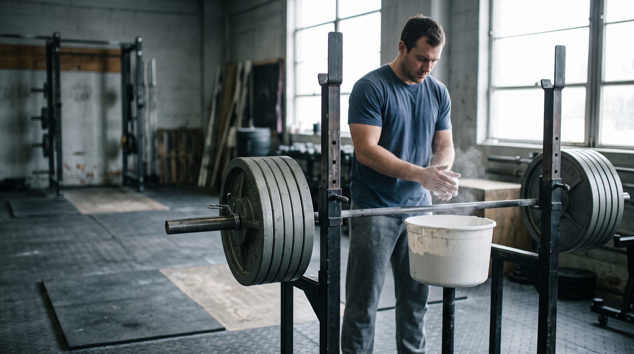 A man chalking his hands beside a heavily loaded barbell in a squat rack