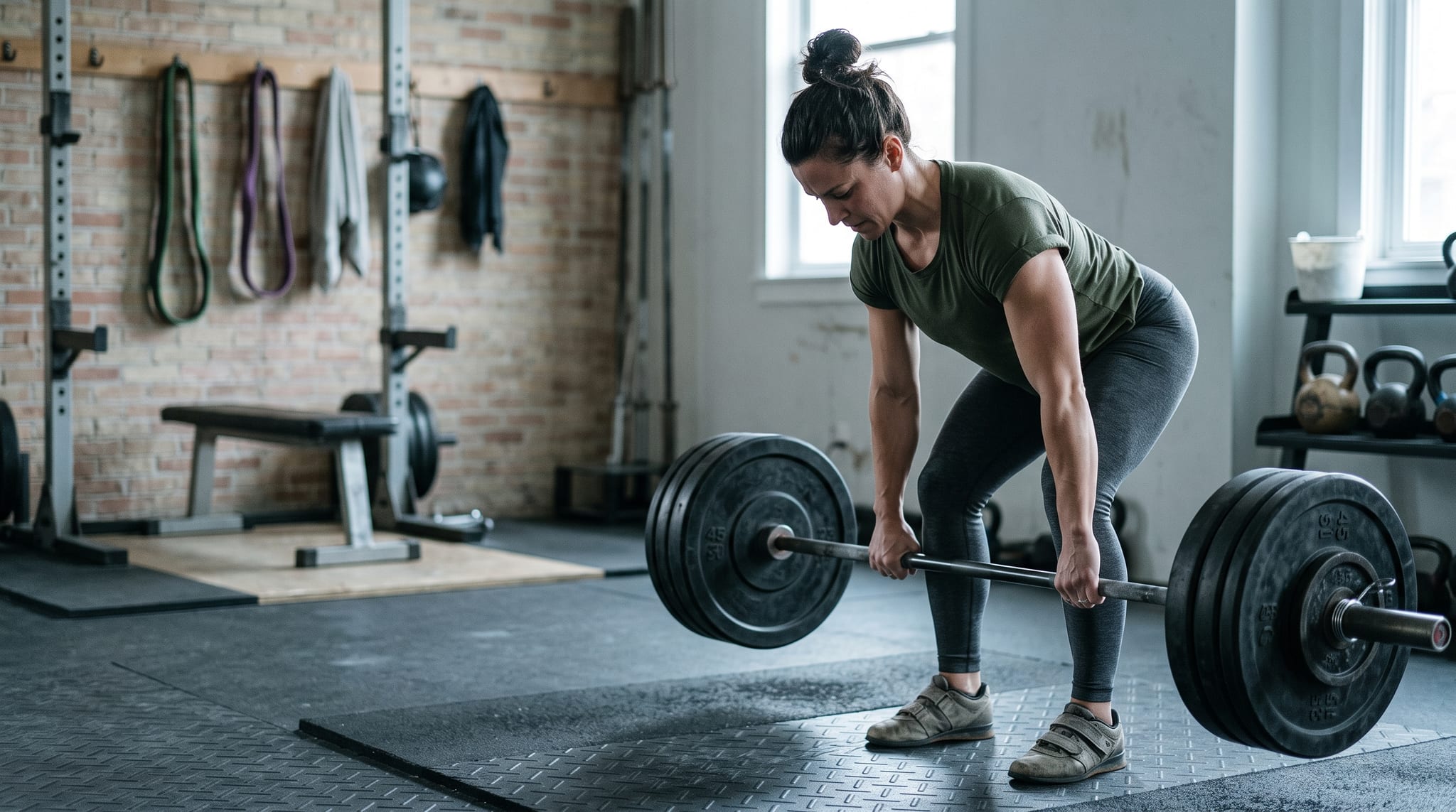 Woman deadlifting a loaded barbell in a home gym