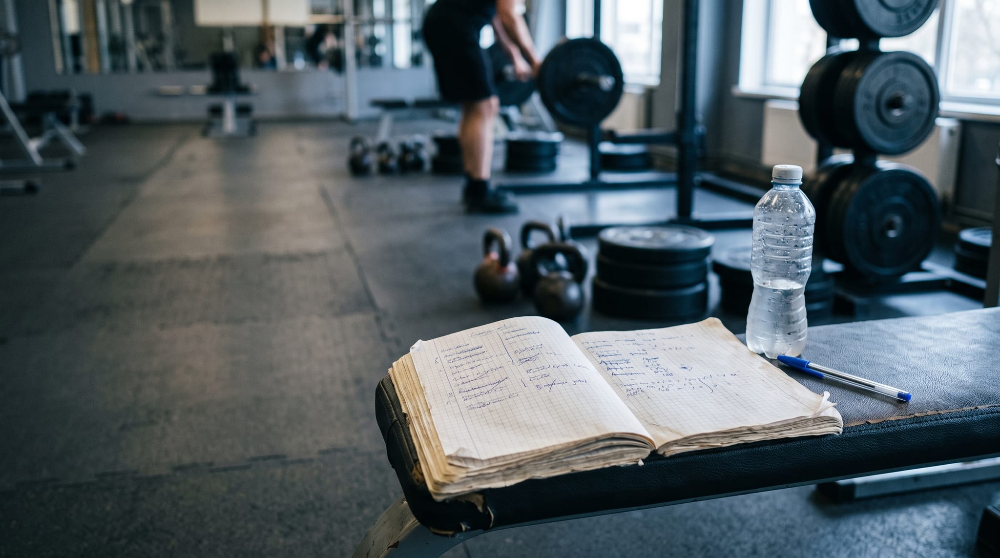 A worn paper training logbook lying open on a gym bench