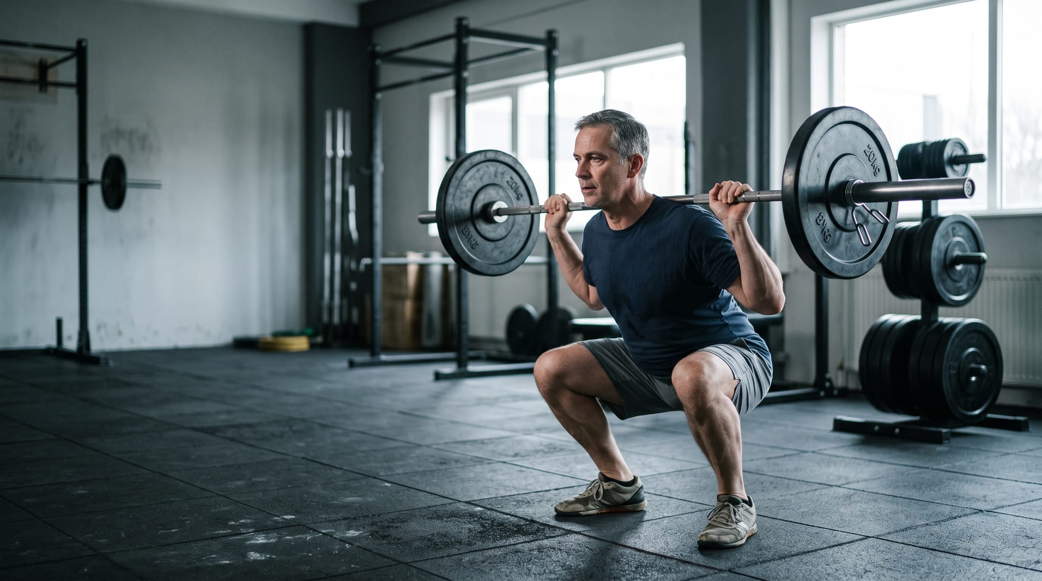 A grey-haired man squatting with a barbell in an ordinary gym