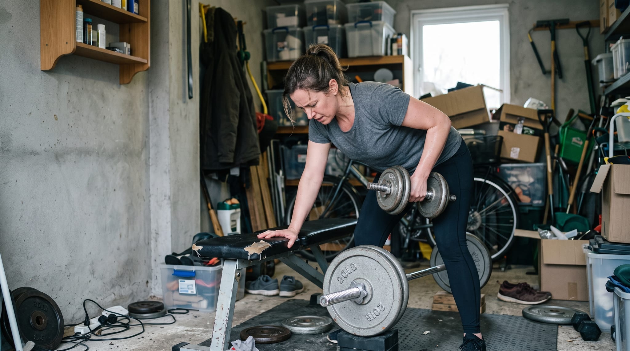 A woman doing a dumbbell row in a cluttered garage home gym