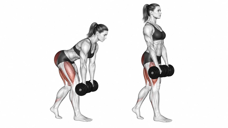 Female anatomical model holding two dumbbells in a staggered stance, hinged forward and upright, with the rear heel raised in both frames.