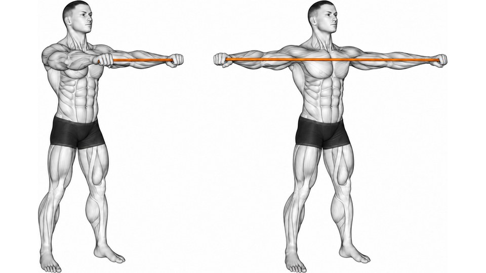 Two grayscale anatomical figures demonstrating a palms-down band pull-apart, arms forward then opened sideways with an orange band between the hands.