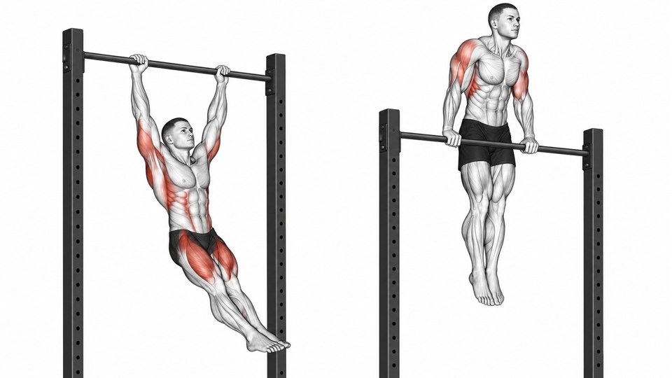 Exercise illustration: Hanging preparation and straight-arm support above a single fixed bar.