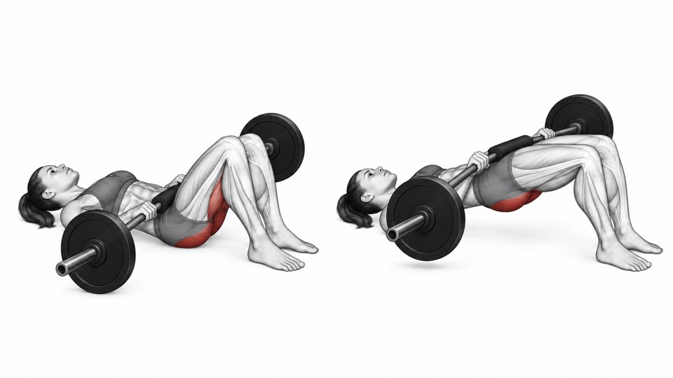 Two oblique views of a woman with her head and shoulders on the floor, holding a padded barbell across her hips with both hands. Her hips are lowered on the left and raised on the right, with both feet planted and buttocks shaded red.