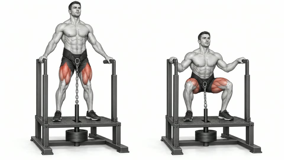 Anatomical illustration of a machine belt squat at the standing and lowered positions, with a hip belt chained to resistance below the platform and the quadriceps and glutes highlighted.