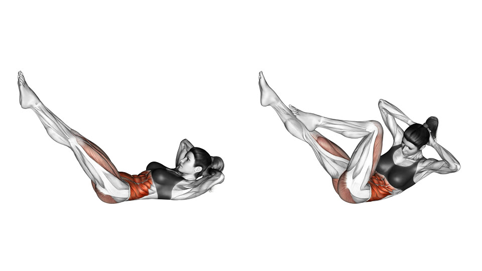 Two-frame illustration of a woman lying on her back with her shoulders raised, rotating her torso toward one bent knee while the opposite leg extends, with the abdominal muscles highlighted.