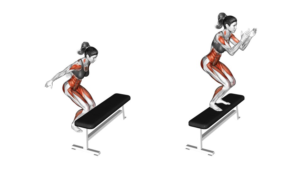 Anatomical illustration of a woman jumping from the floor onto a low padded box, with the glutes, thighs and calves highlighted.