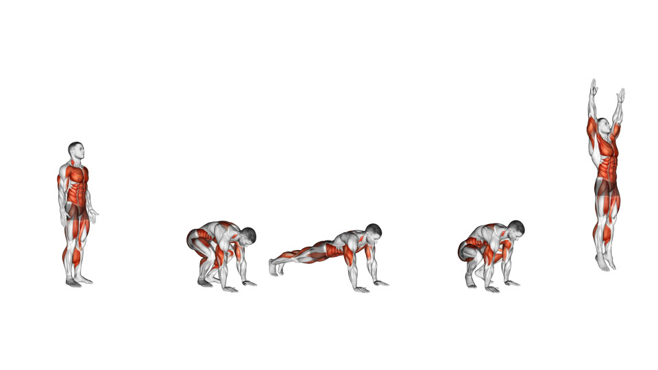 Five-frame anatomical illustration of a man performing a burpee: standing, placing his hands down, jumping to a high plank, bringing his feet forward, and jumping vertically with his arms overhead.