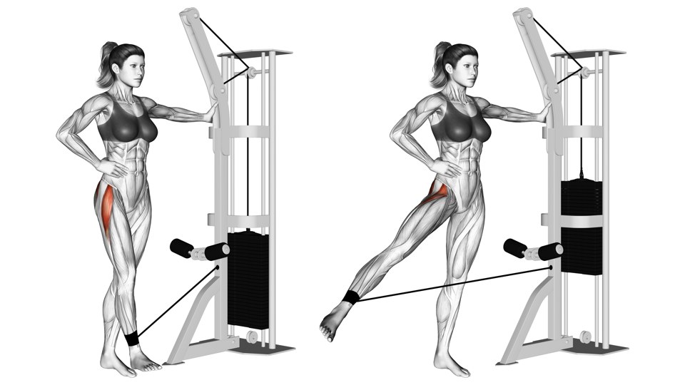Two front-oblique views of a woman holding a cable machine, first with the cuffed leg near the standing leg, then lifted sideways. The outer hip and upper outer thigh are shaded red.
