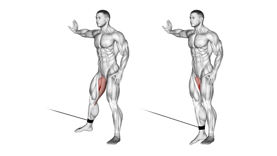 Two front views of a man wearing an ankle cuff, moving the near leg inward across the front of the standing leg; the inner thigh is shaded red.