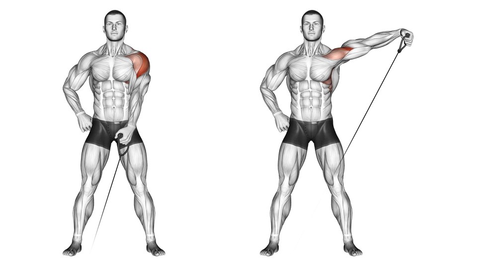 Anatomical illustration of a man performing a one-arm cable lateral raise, with the working shoulder highlighted.