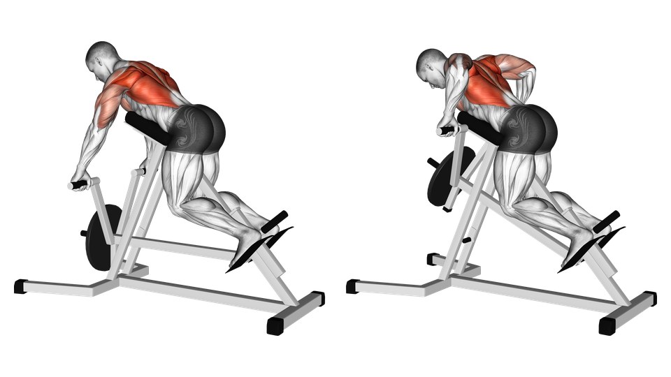 Two rear three-quarter views of a man lying chest-down on a plate-loaded T-bar row station with his feet on its platforms. He holds horizontal handles with an overhand grip, with straight arms on the left and bent elbows on the right. The back and rear shoulders are highlighted.