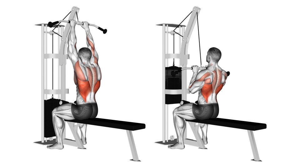 Anatomical illustration of a seated close overhand-grip cable pulldown shown overhead and at the upper chest, with the back and upper arms highlighted.