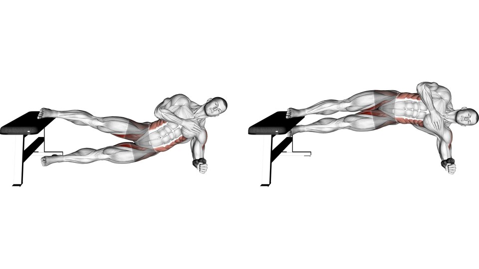 Anatomical illustration of a man in a side plank with his upper ankle on a bench and lower forearm on the floor, showing the lower leg below and then raised alongside the upper leg.