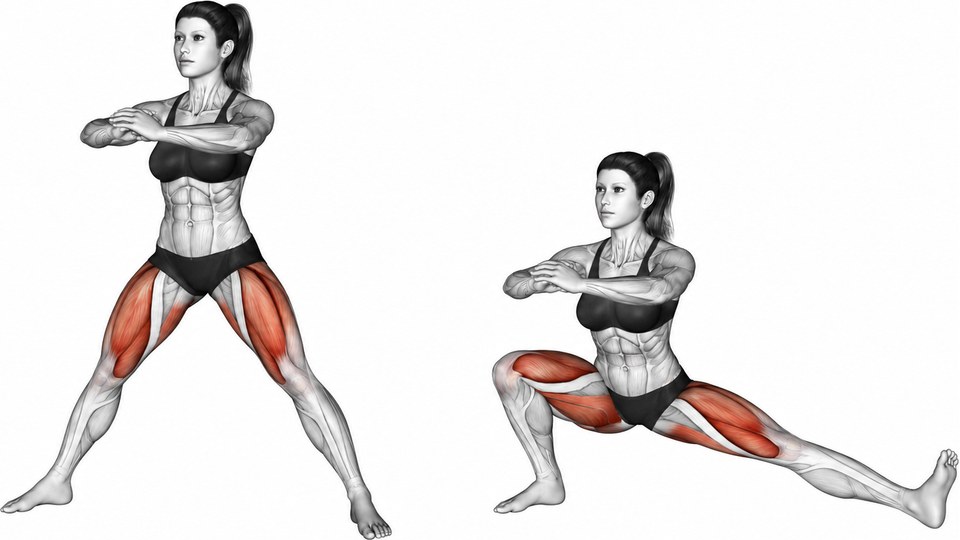 Dva přední pohledy ze tří čtvrtin na ženský anatomický model: vlevo široký stoj, vpravo dřep k jedné pokrčené noze. Druhá noha je natažená, pata na zemi a špička zvednutá. Stehna jsou zvýrazněna červeně.