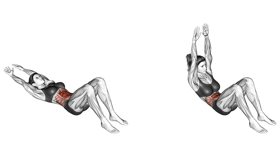 Anatomical illustration of a bodyweight floor crunch in two frames, side by side on a white background. Left: a woman lies on her back, knees bent and feet flat on the floor, both arms stretched straight out overhead behind her head. Right: the same woman at the top of the rep, head and shoulder blades curled off the floor and the lower back still down, arms still straight and reaching up past her ears. No equipment is shown. The muscles of the front of the abdomen, running from the ribs down to the waistband, are highlighted in red in both frames; the rest of the musculature is drawn in grey.