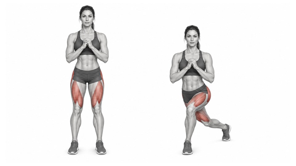 Two front views of a woman, first standing with her hands joined at chest height, then in a curtsy lunge with one leg crossed behind the other. The thighs and outer hip are shaded red. No weights are shown.
