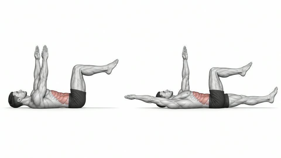 Anatomisk sideillustration af dead bug i to positioner: arme og knæ løftet i starten og derefter én arm over hovedet, mens det modsatte ben strækkes, med mavemusklerne markeret.