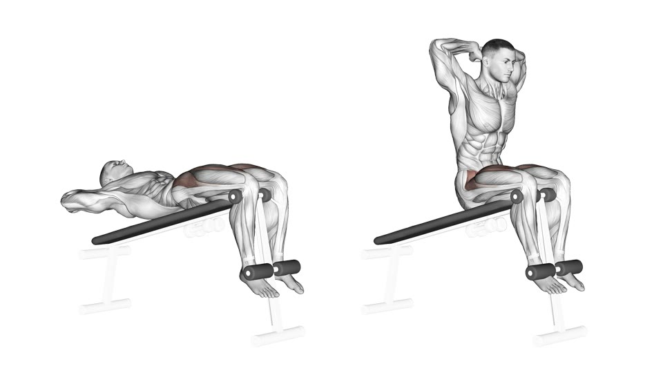 Two-frame side-view anatomical illustration of a man performing a sit-up on a decline bench from a reclined position to an upright torso.