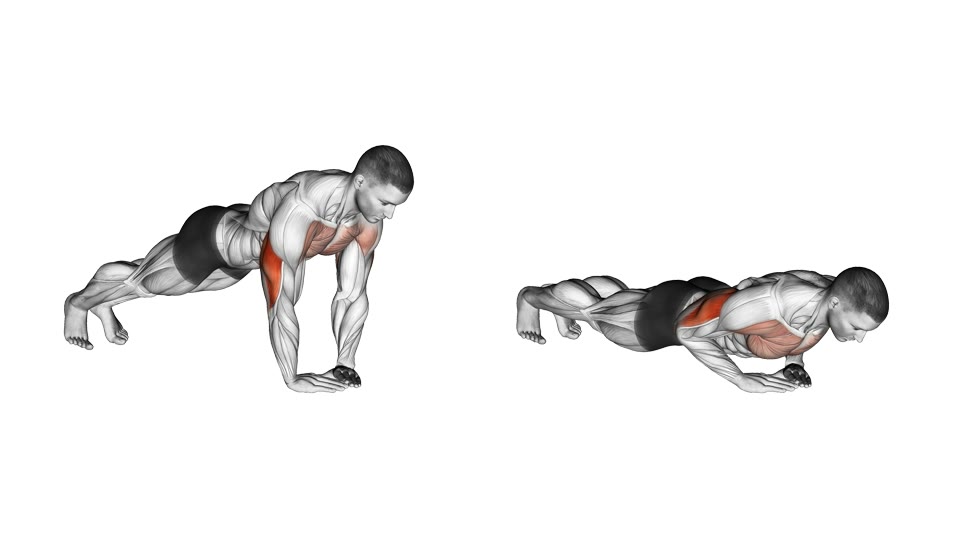 Two-frame side-view anatomical illustration of a man performing a close-hand diamond push-up from a straight plank to the lowered position, with the chest, front shoulders and triceps highlighted.