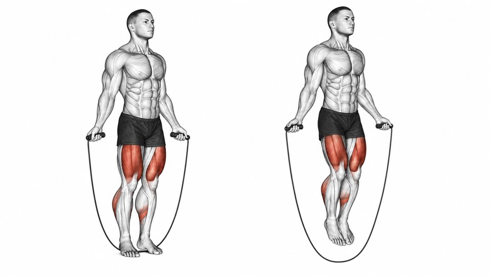 Exercise illustration: Standing rope preparation and a two-foot jump with the rope passing underneath.