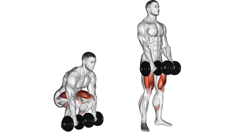 Anatomical illustration of a dumbbell deadlift, with a male model bending his knees to reach two dumbbells and standing with them in front of his thighs.
