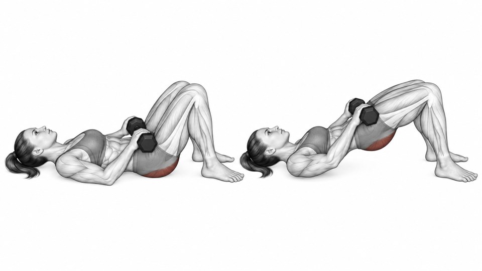 Two oblique views of a woman with her head and shoulders on the floor, holding one hex dumbbell across her hips with both hands. Her hips are lowered on the left and raised on the right, with both feet planted and buttocks shaded red.