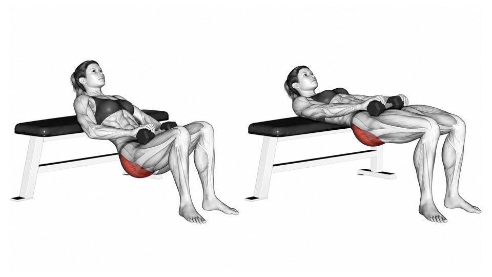 Two oblique views of a woman with her upper back on a bench, holding one dumbbell across her hips with both hands, first with hips lowered and then raised. Both feet are planted and the buttocks are shaded red.