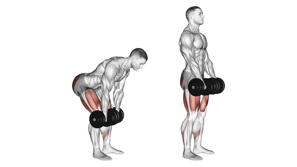 Anatomical illustration of a man performing a dumbbell Romanian deadlift in two side-view frames, with the hamstrings and glutes highlighted.