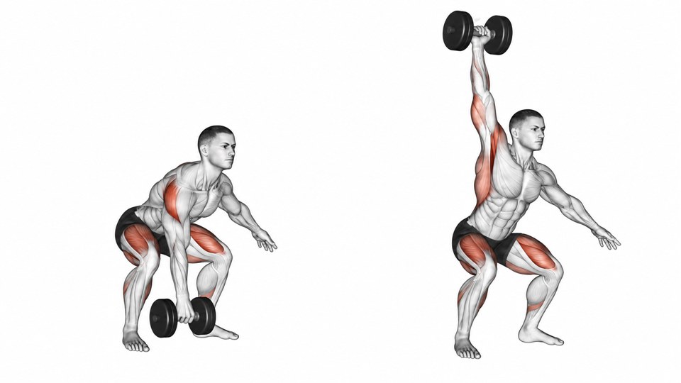 Exercise illustration: One dumbbell at the floor between the feet and a locked-arm overhead power catch.