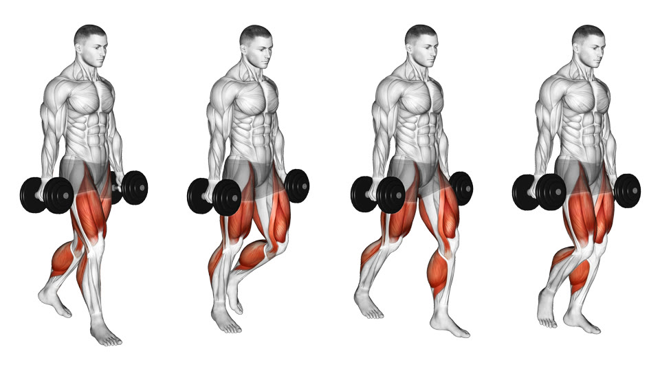 Four-frame side-view illustration of a man walking upright with a dumbbell in each hand and both arms straight at his sides.