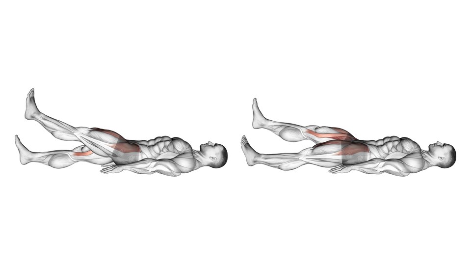 Two-frame anatomical illustration of supine flutter kicks with straight legs alternating just above the floor, highlighting the front of the hips, thighs and lower trunk.