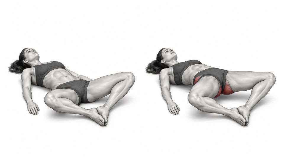Two oblique views of a woman lying on her back, with her knees opened outward and the soles of her feet pressed together, first with her hips lowered, then lifted. Her shoulders and head remain on the floor, and the buttocks are shaded red.