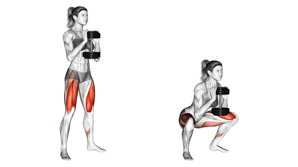 Anatomical illustration of a woman holding one dumbbell at her chest while performing a goblet squat, with the thighs and glutes highlighted.