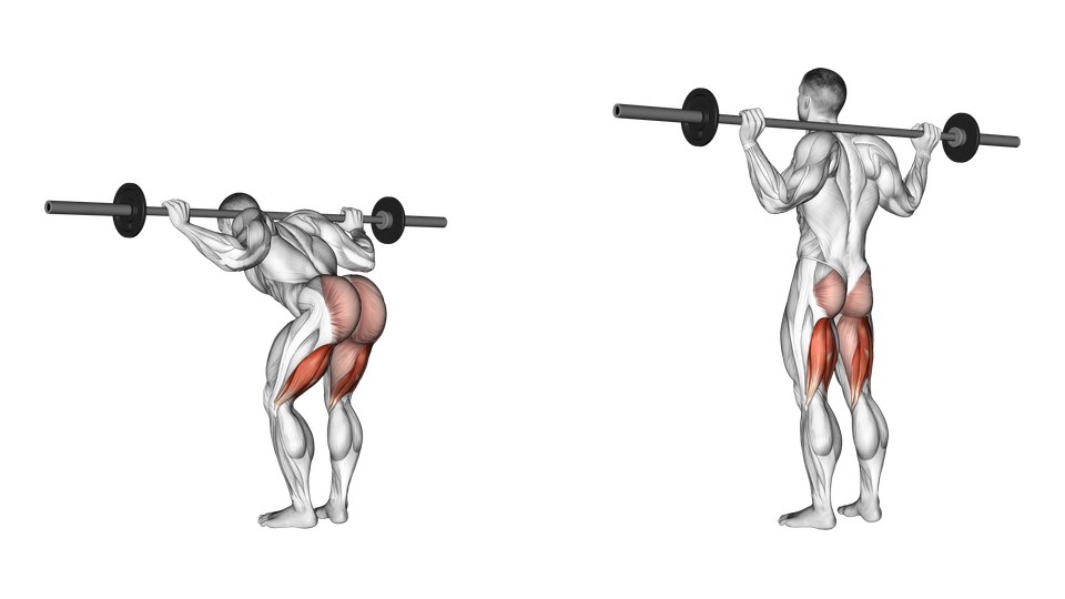Anatomical illustration of a barbell good morning shown standing and hinged forward, with the hamstrings, glutes and lower back highlighted.