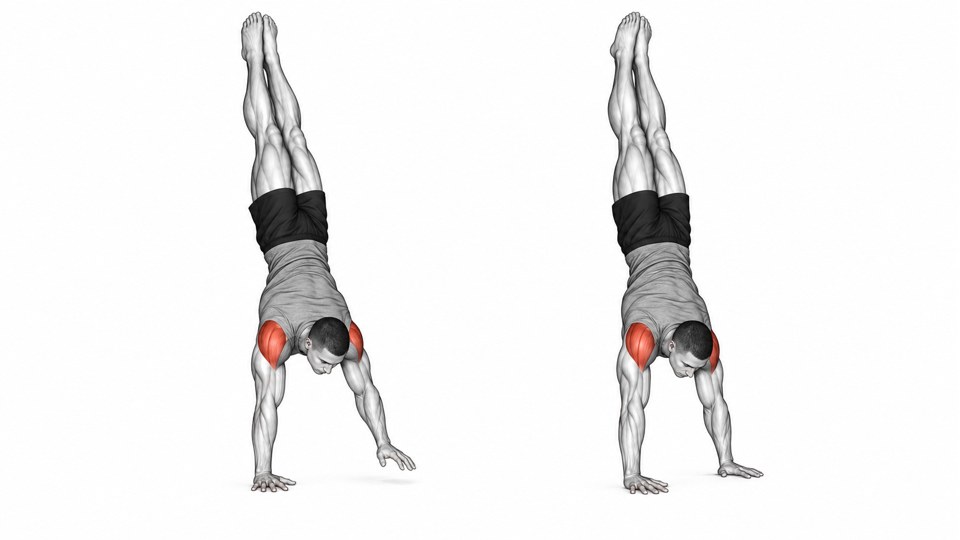 Exercise illustration: Unsupported handstand with one hand lifted, then both hands planted.