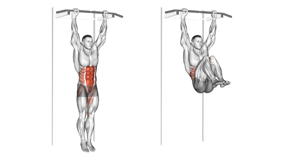 Two-frame front-view anatomical illustration of a man hanging from a pull-up bar with straight arms, then drawing both bent knees toward his chest, with the abdominal wall and hip flexors highlighted.