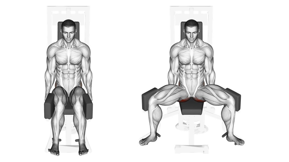 Anatomical illustration of a man seated on a hip abduction machine with the legs together and apart, with the outer hips highlighted.