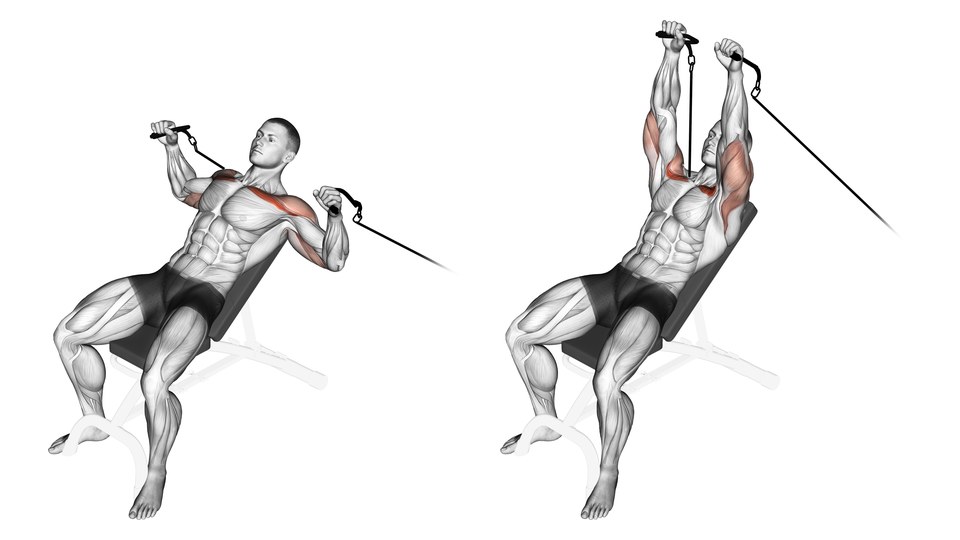 Anatomical illustration of a man performing a two-handle incline cable press on a bench, shown with the handles beside the upper chest and with the arms pressed upward.