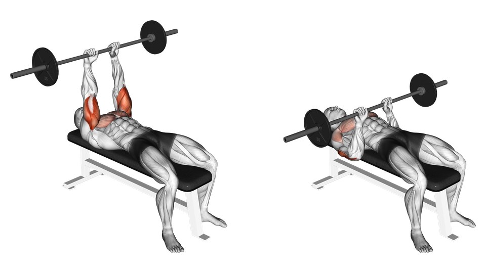 Anatomical illustration of a man performing a JM press on a flat bench in two frames, lowering a barbell toward the upper chest with the triceps highlighted.