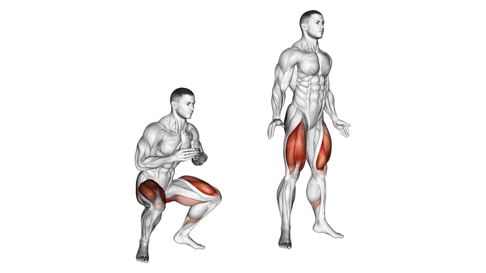 Illustrazione anatomica di un jump squat in basso e in volo, con quadricipiti e glutei evidenziati.