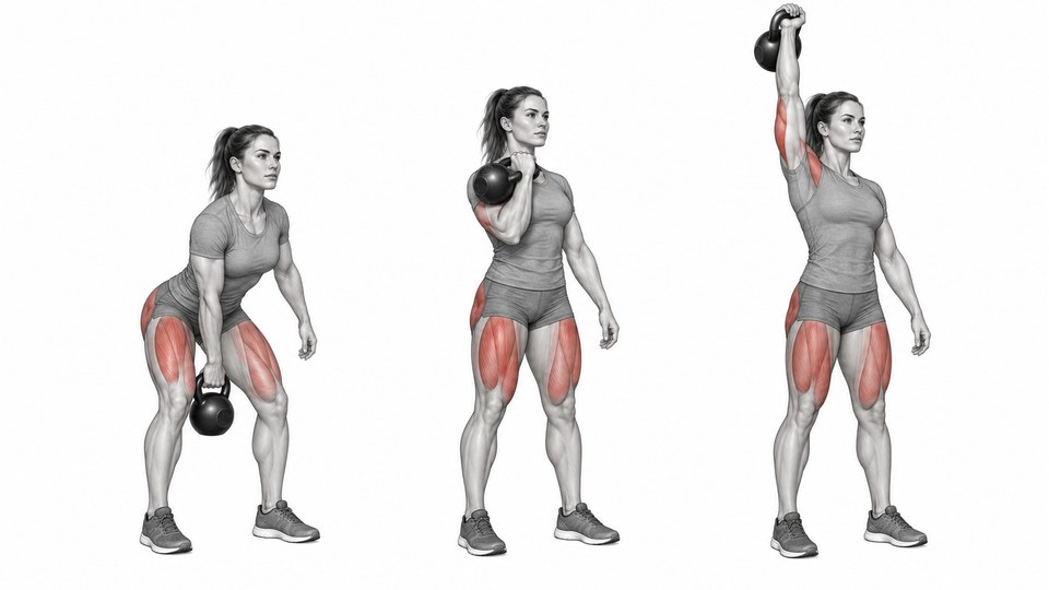 Tři pohledy na ženu, která drží kettlebell dole v předklonu, u pravého ramene a nad hlavou s nataženou pravou paží.
