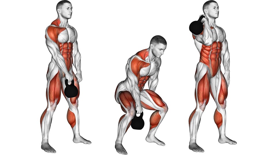 A male anatomical model holding one kettlebell in a hang, lowering between bent legs and standing with the bell beside his shoulder, shown in three frames.