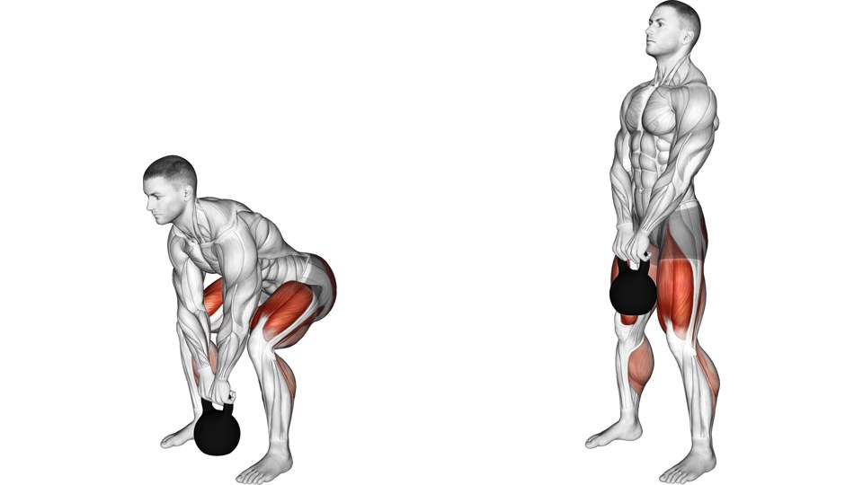 Anatomical illustration of a kettlebell deadlift, with a male model bending his knees to hold one kettlebell between his feet and then standing upright.