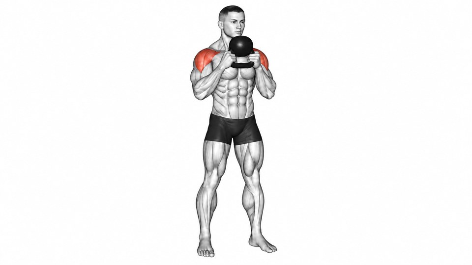 Anatomical illustration of a standing man holding a kettlebell with both hands in front of his upper chest, with the shoulders highlighted.