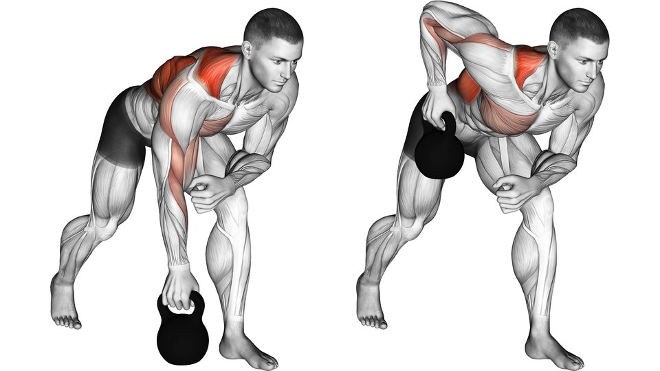 Anatomical illustration of a man rowing one kettlebell in a staggered stance, with his free forearm resting on his front thigh. Two frames show the arm extended and the elbow drawn back.